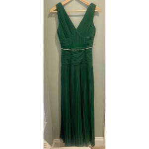 Self‎ Portrait Green Pleated Embellished Waist Maxi Dress Formal Evening Gown